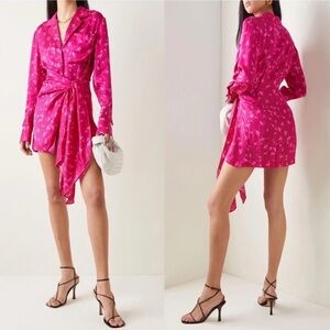 Acler Evanston Hot Pink Floral Dot Print Draped Satin Designer Mini Dress Size 6